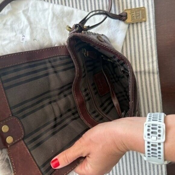 Frye Roxanne Rabbit Fur Genuine Leather Stud Studded Crossbody Bag Purse Brown • - Picture 8 of 12